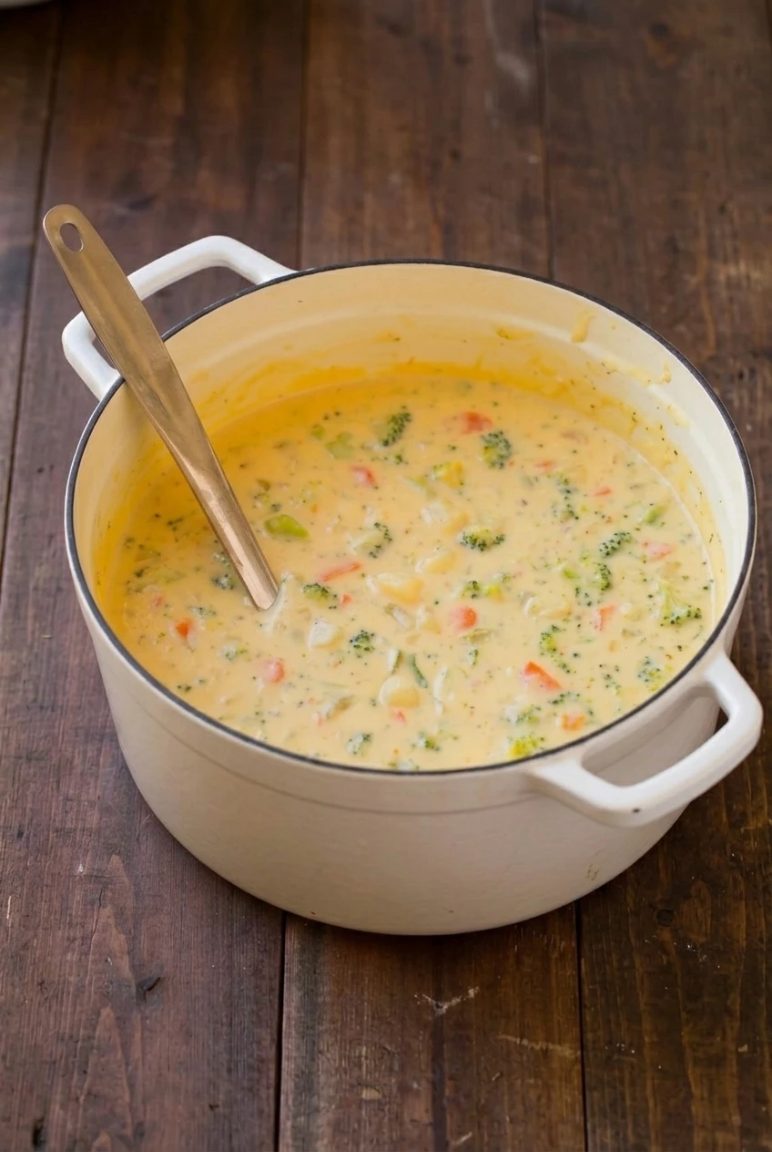 A full pot of chunky broccoli cheddar potato soup centered on a dark wood surface