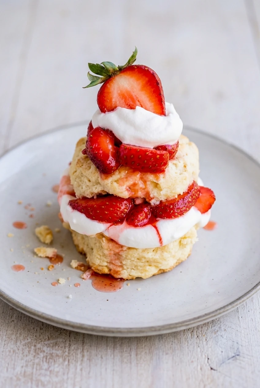 A complete strawberry shortcake stack on a light plate, with biscuit layers, strawberries, and whipped cream