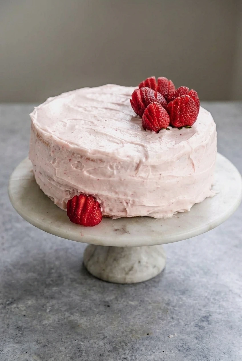 A whole fresh strawberry layer cake on its pedestal stand, shown with more of the surrounding countertop.