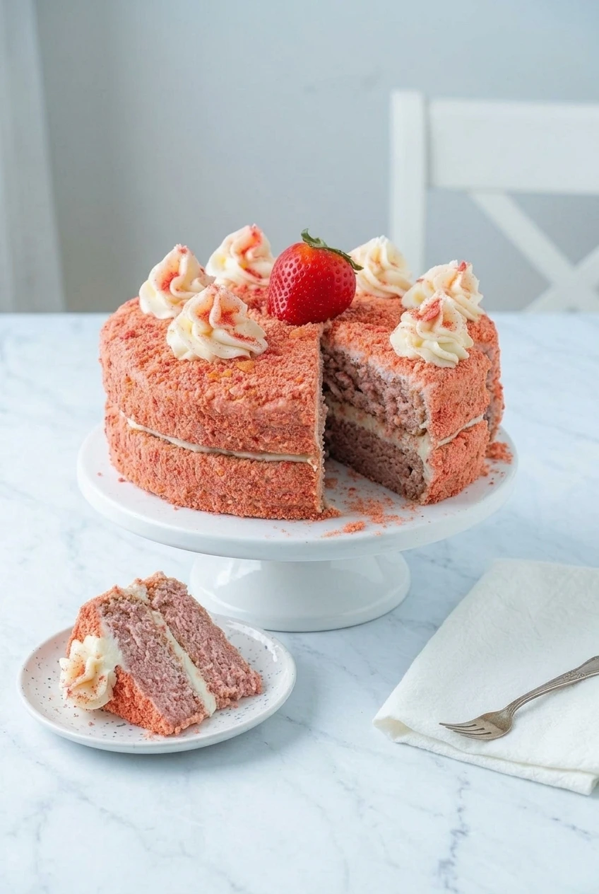 Whole strawberry crunch cake and cut slice on a cake stand, with the pink coating and layered interior visible