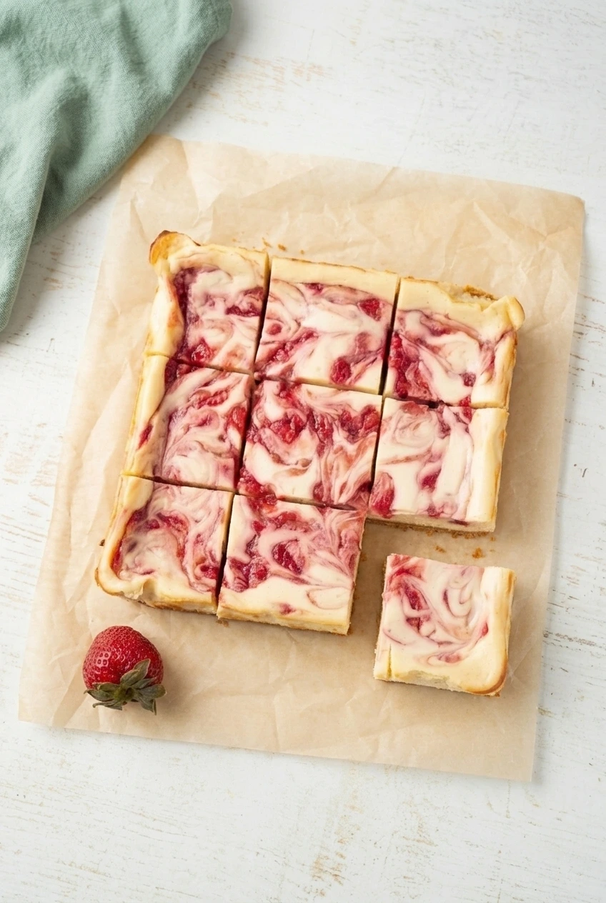 A full slab of strawberry cheesecake bars and one separated square on parchment, photographed with room around the serving.