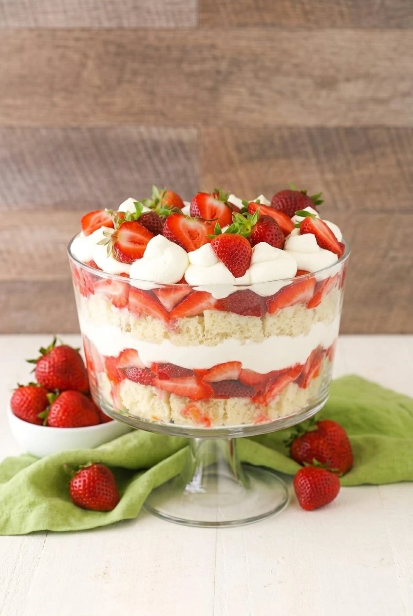 A full glass pedestal bowl of strawberry shortcake trifle centered on a light surface, showing its cake, berry, and cream layers.