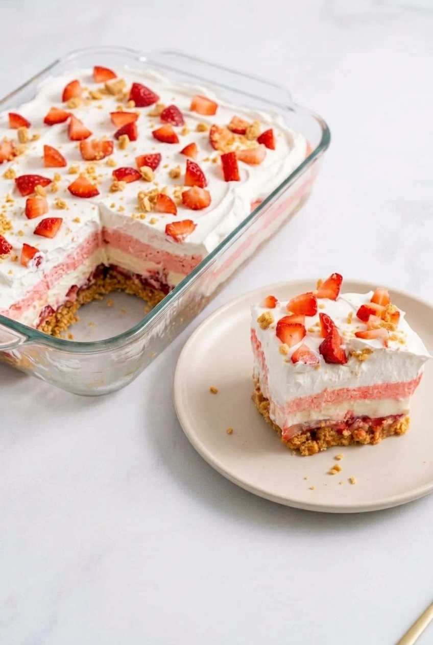 A pan of No-Bake Strawberry Delight with one layered square served beside it.