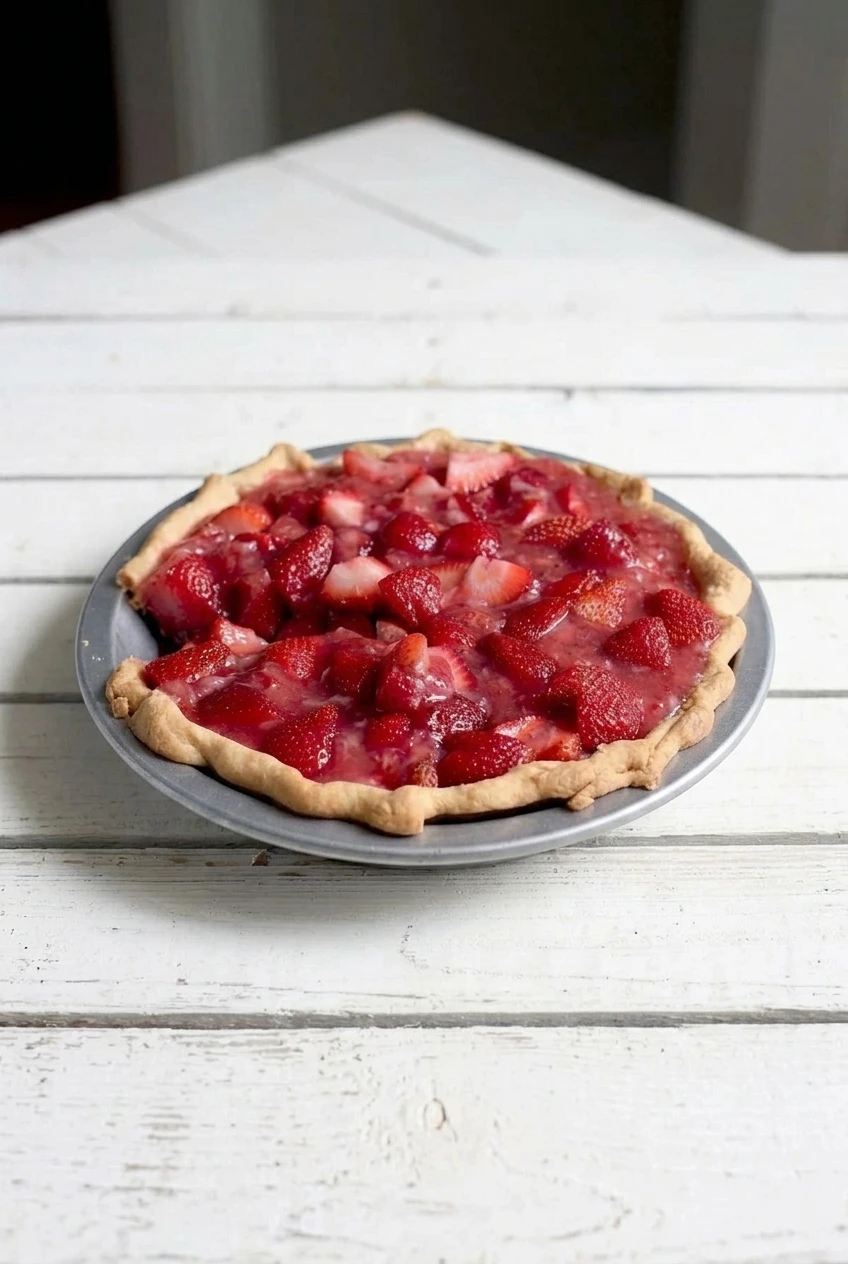 Whole strawberry pie in a metal pie plate, centered on a white tabletop with space around it