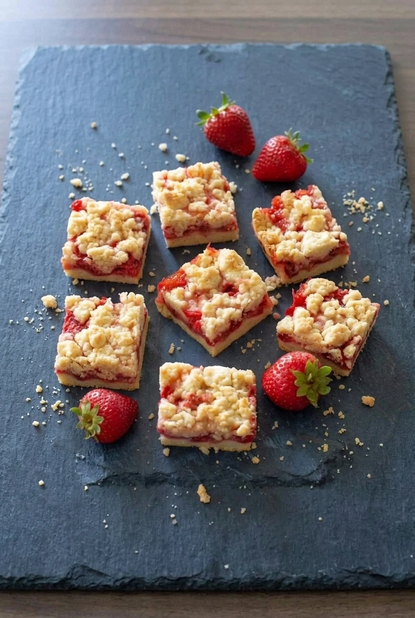 A wider view of strawberry crumble bars arranged on dark slate, with their layered sides and golden tops visible.