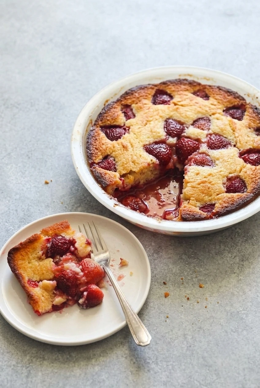 A round strawberry cobbler with one wedge removed, served beside a plated slice on a neutral surface.