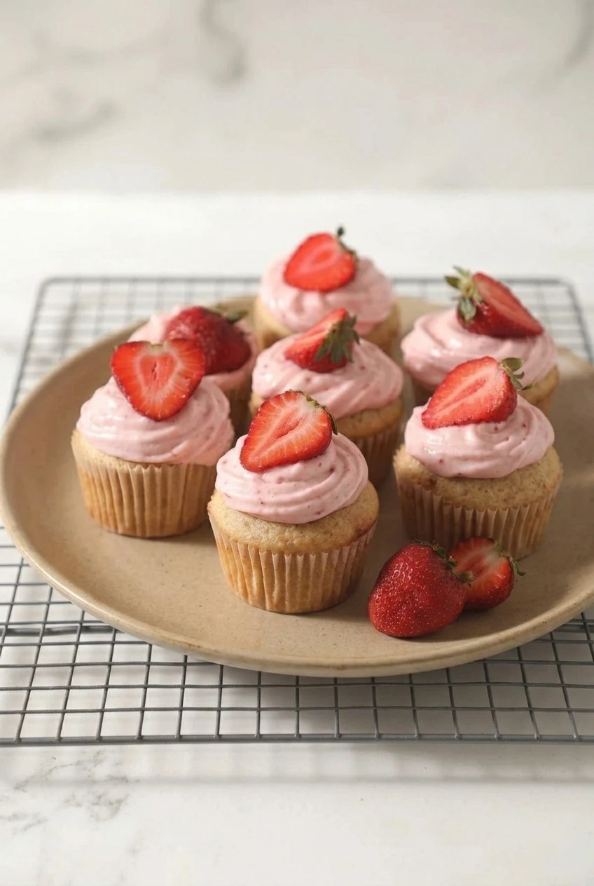 A wider view of strawberry cupcakes with cream cheese frosting and strawberry halves grouped on a serving plate.