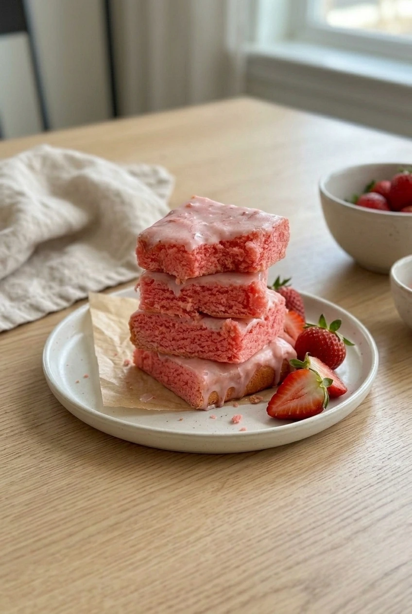 A wider view of glazed strawberry brownie squares on a light plate with fresh strawberries beside them.