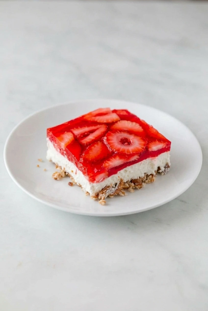 A full plate with a square of strawberry pretzel salad, its pretzel, cream, and strawberry gelatin layers visible.