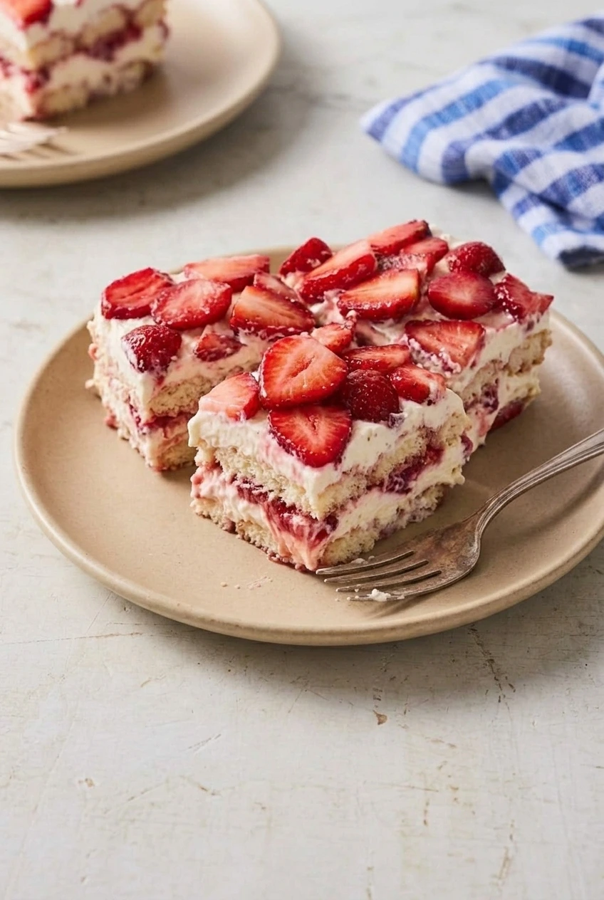 Wider view of strawberry tiramisu squares on a plate, with fresh sliced strawberries and layered cut faces visible.