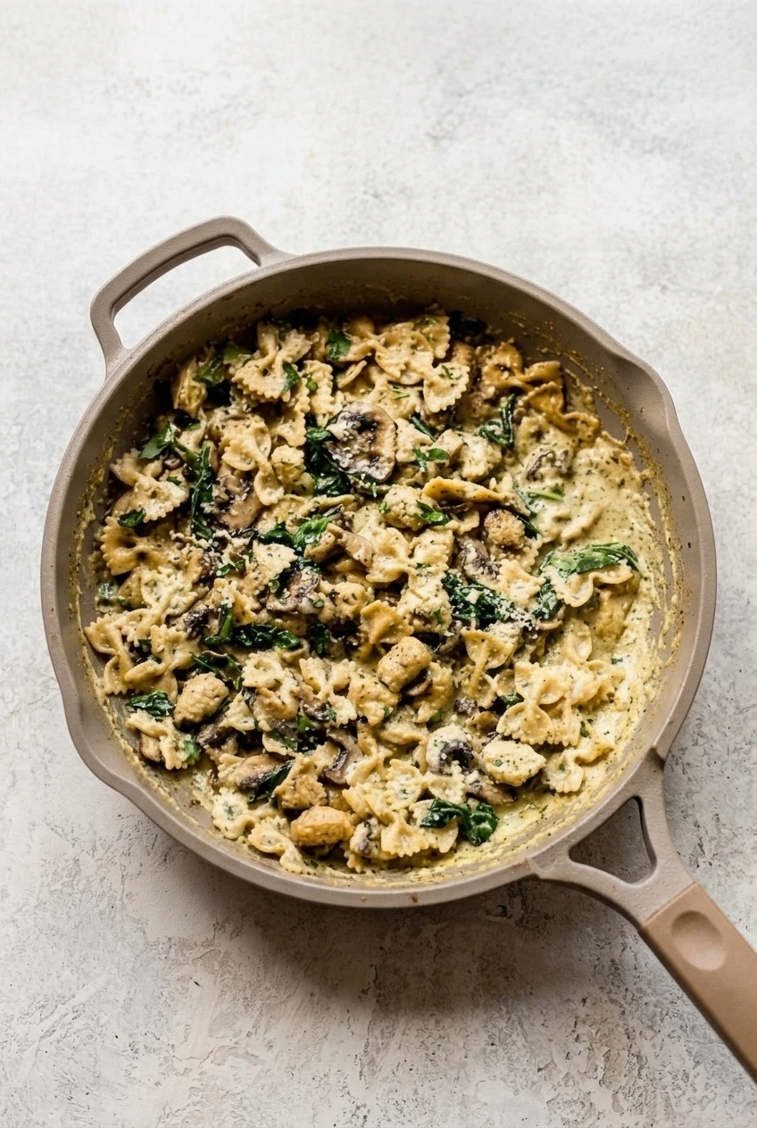 A full skillet of creamy spinach and mushroom pasta centered on a light tabletop.