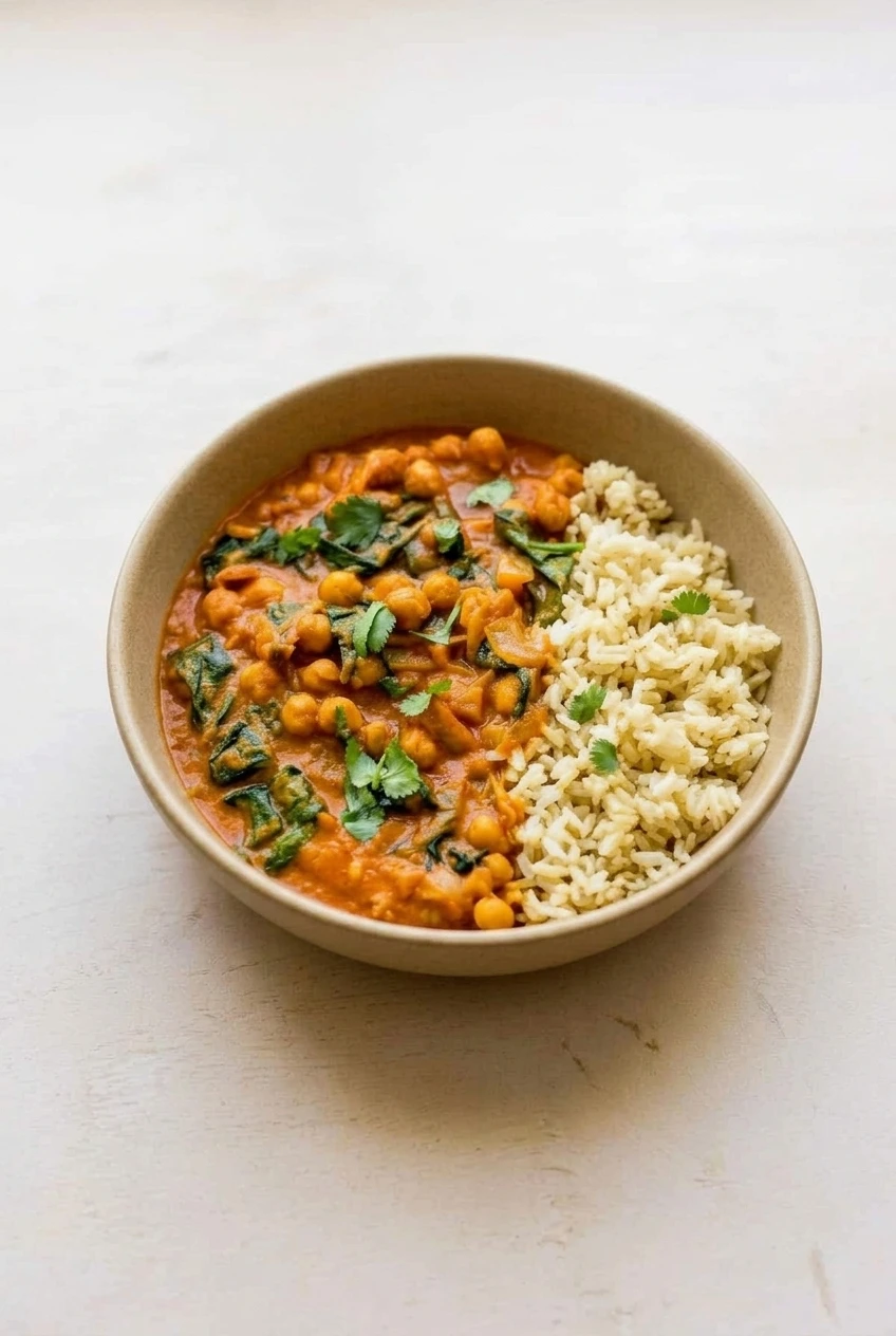 A full bowl of chickpea and spinach curry with rice served separately, photographed with more of the pale tabletop visible.