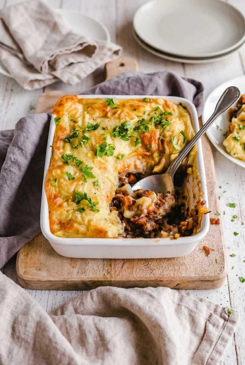 Whole lentil shepherd's pie in its casserole dish, showing the potato topping and a scooped serving of filling.