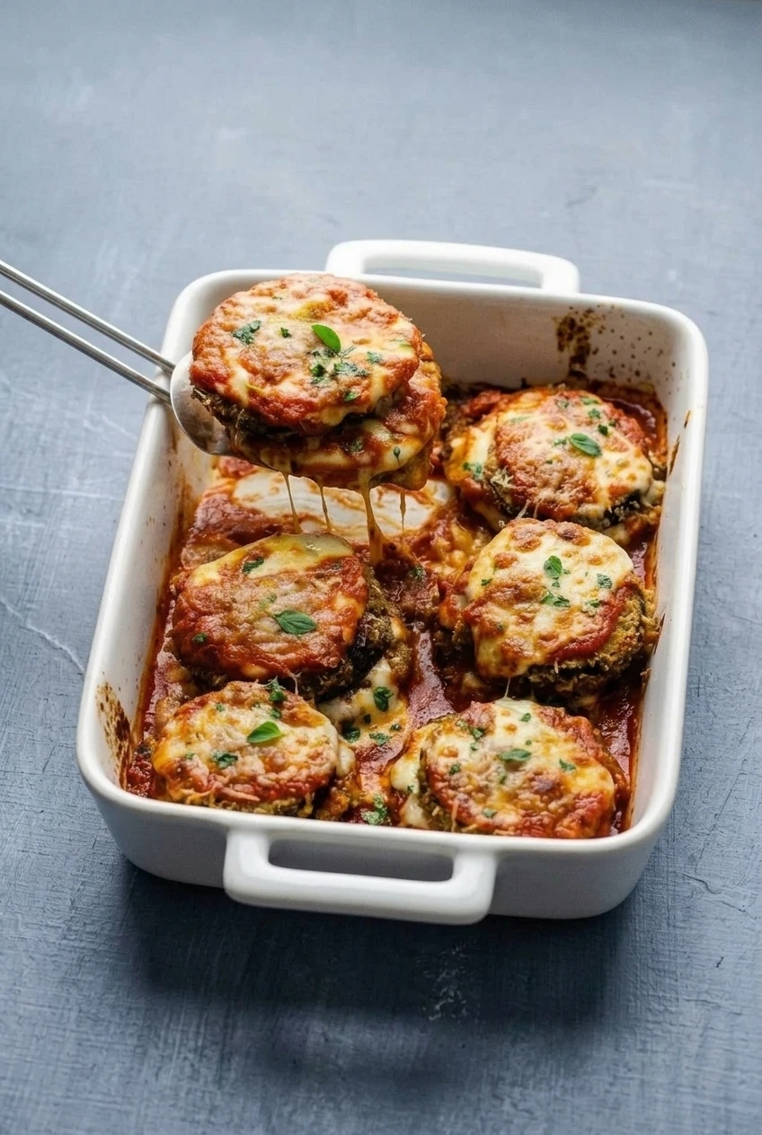 A full rectangular casserole of breaded Eggplant Parmesan with a stacked serving lifted above the saucy rounds.
