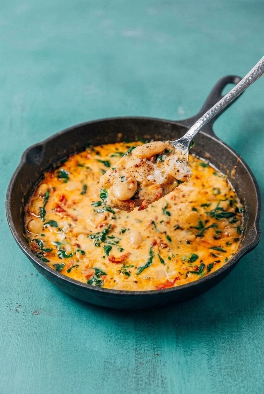 A full skillet of creamy Tuscan butter beans with spinach and sun-dried tomatoes, shown with more tabletop around the pan.