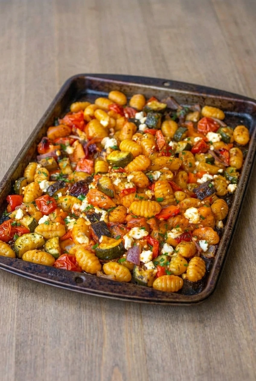 Full pan of Greek sheet pan gnocchi with vegetables, feta, and parsley on a neutral surface