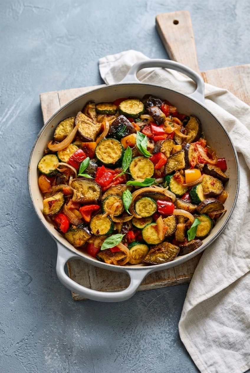A full pan of chunky vegetable ratatouille with basil, photographed with more of the tabletop visible.