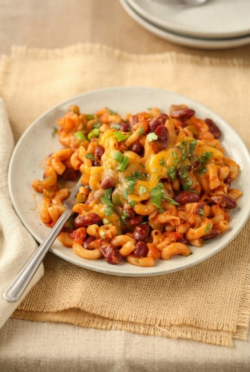A full plate of vegetarian chili mac with macaroni, kidney beans, melted cheddar, and cilantro, shown with more tabletop around it.