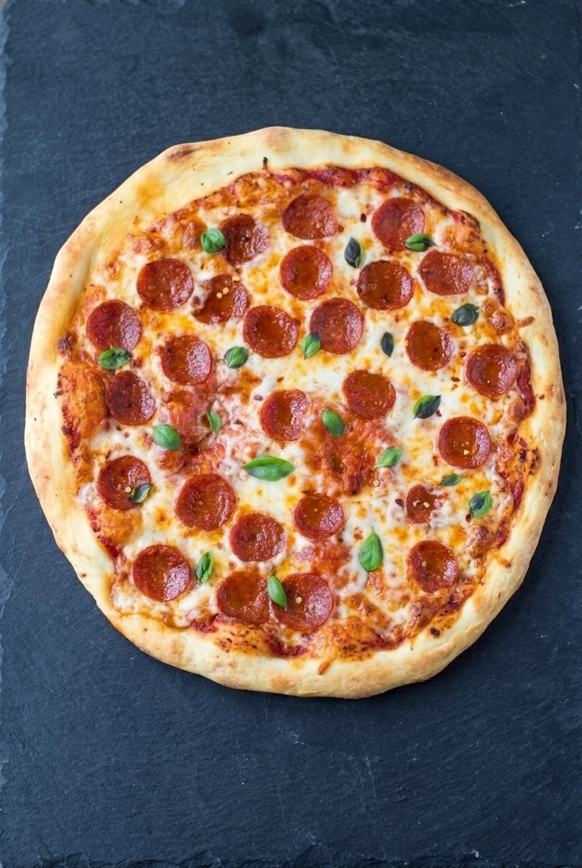 A whole pepperoni pizza with fresh basil centered on dark slate, with the complete golden crust and surrounding surface visible.