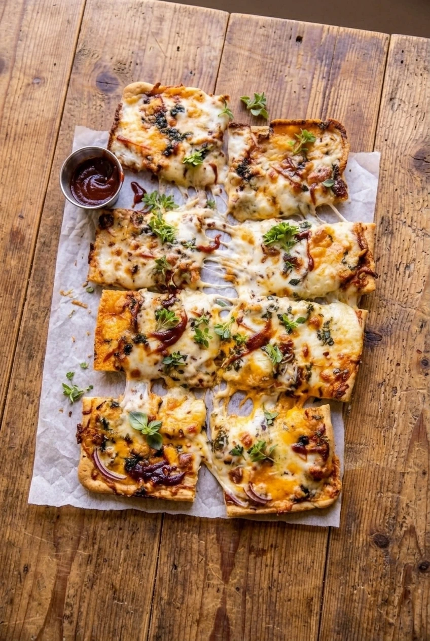 Full rectangular sheet-pan BBQ chicken pizza cut into squares on parchment over a wooden surface