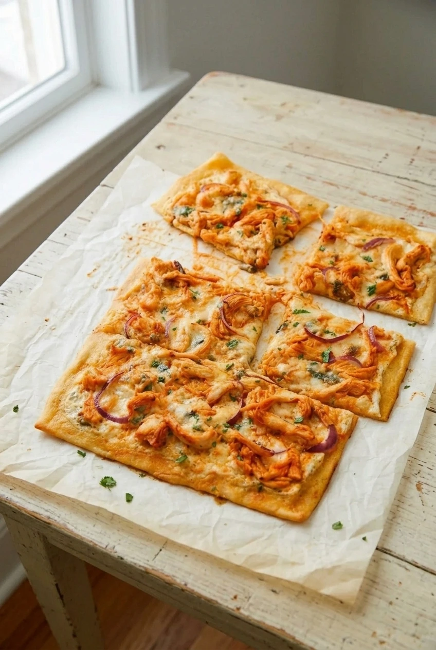 Wide view of rectangular Buffalo chicken pizza cut into pieces on a pale surface