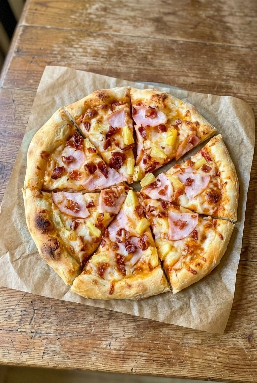 Whole wedge-cut Hawaiian pizza with ham and pineapple, centered on a neutral surface with room around it.