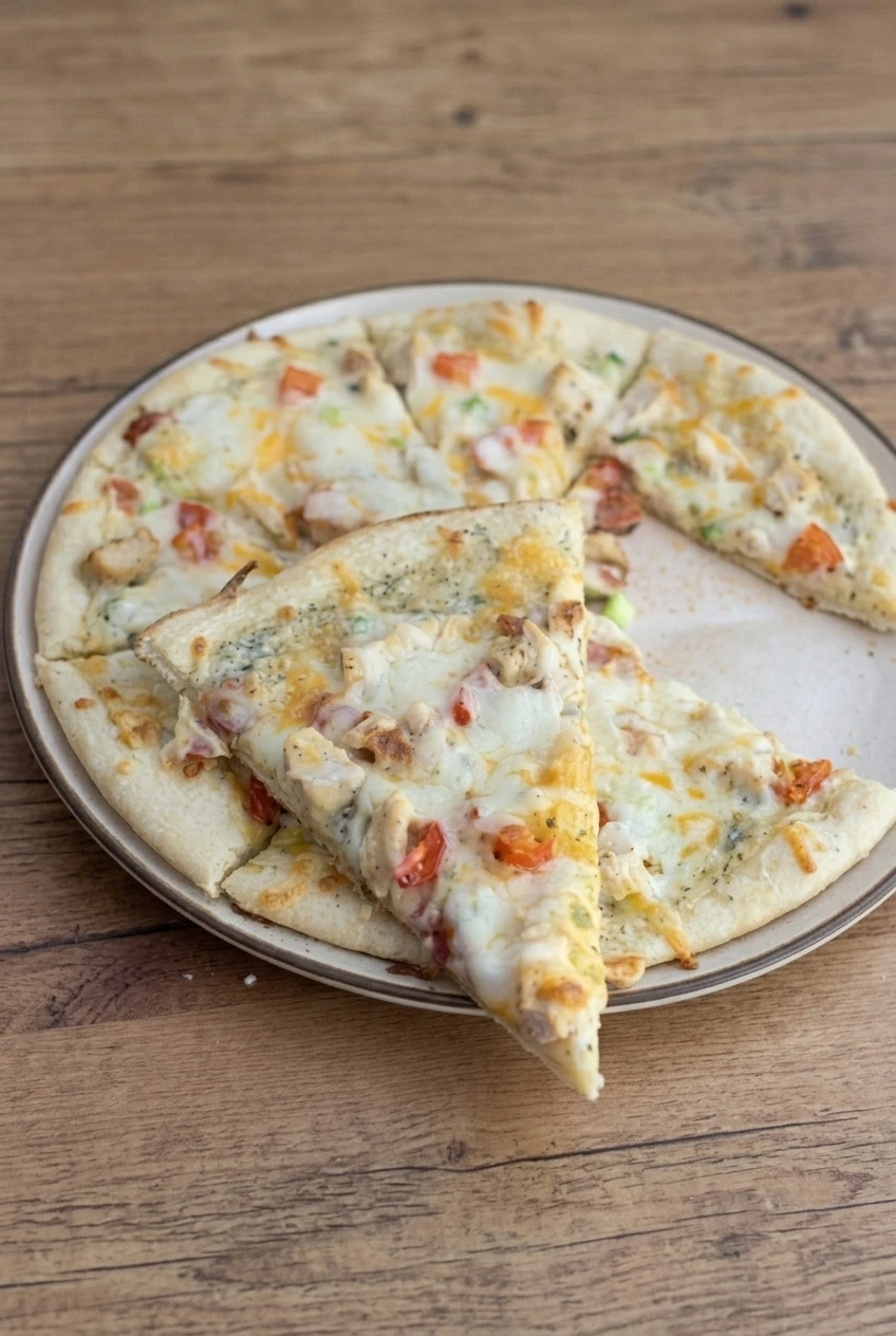 A nearly complete white garlic chicken pizza, cut into wedges on a plate with a slice at the front.
