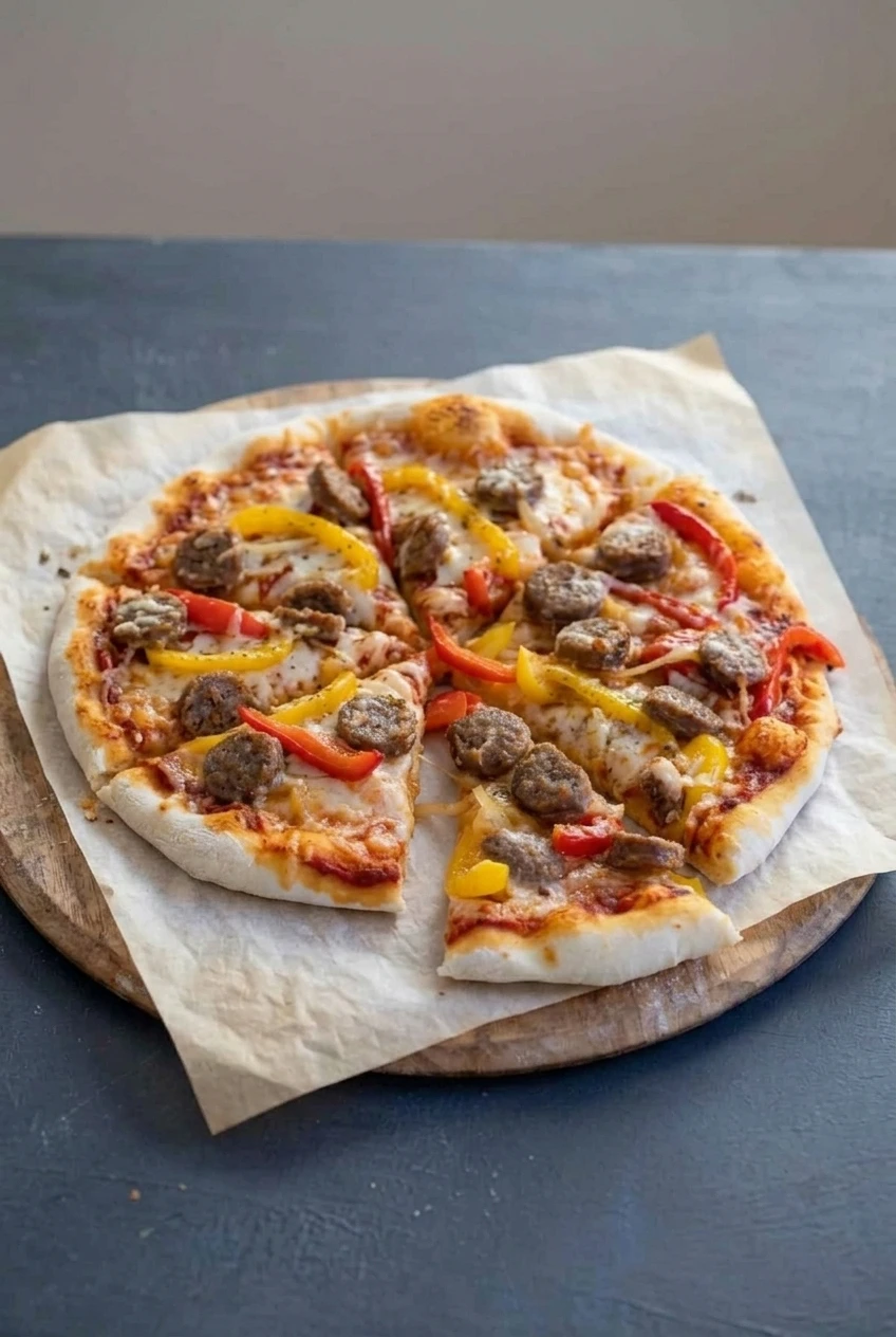 A complete round sausage and pepper pizza cut into wedges on a wooden board, with its puffy crust and colorful toppings visible.