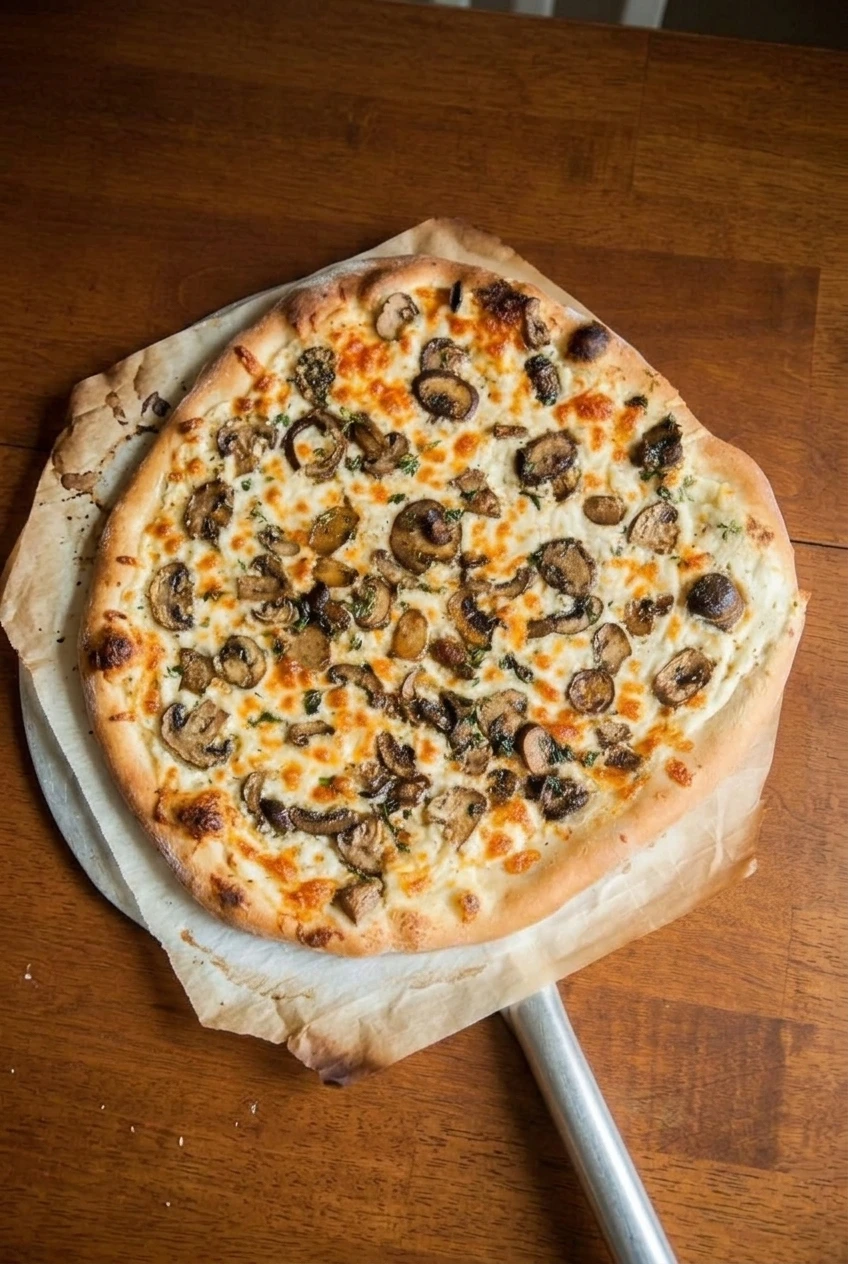 Whole white mushroom pizza centered on parchment over a wooden surface, with its golden crust and toppings visible