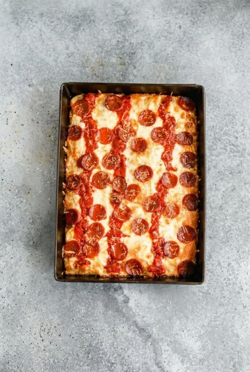 A whole Detroit-style pepperoni pizza in its dark pan, centered on a gray stone surface with room around the pan