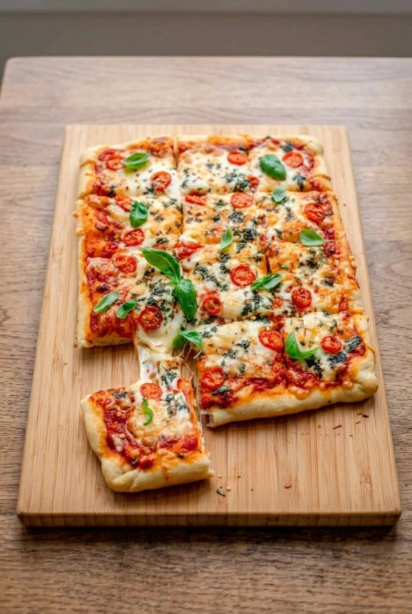Wide view of the complete square-cut sheet pan pizza on a wooden board, with cherry tomatoes and fresh basil.