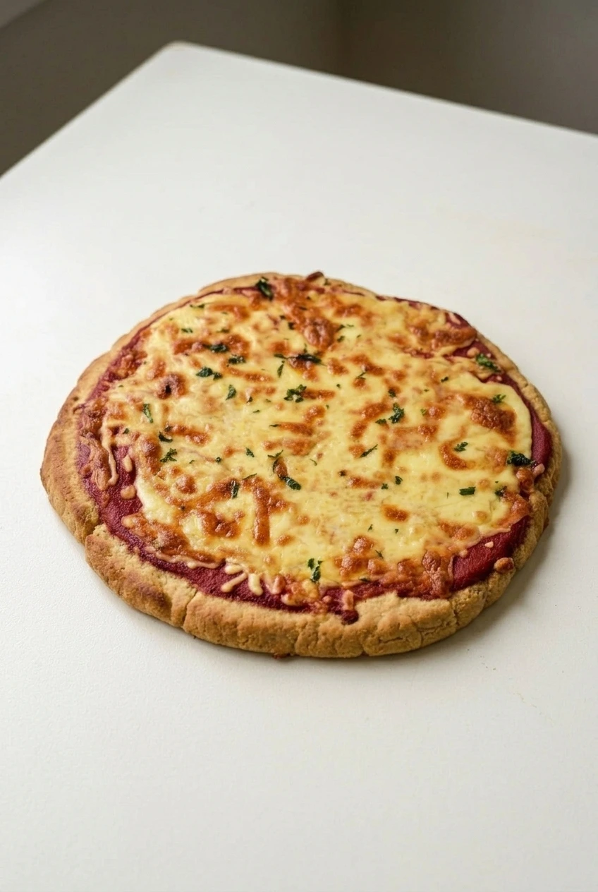 Whole almond flour crust keto pizza centered on a white surface with room around the complete pie.