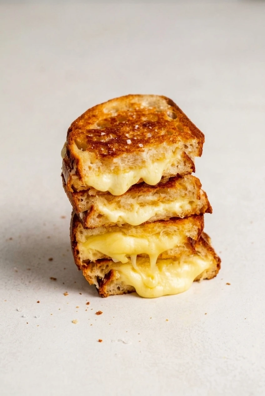 A full stack of sourdough grilled cheese halves on a plain light surface, with their melted centers visible.