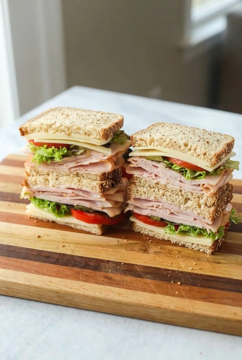 Two double-decker turkey sandwiches on a wooden board, showing their seeded bread and layered fillings.