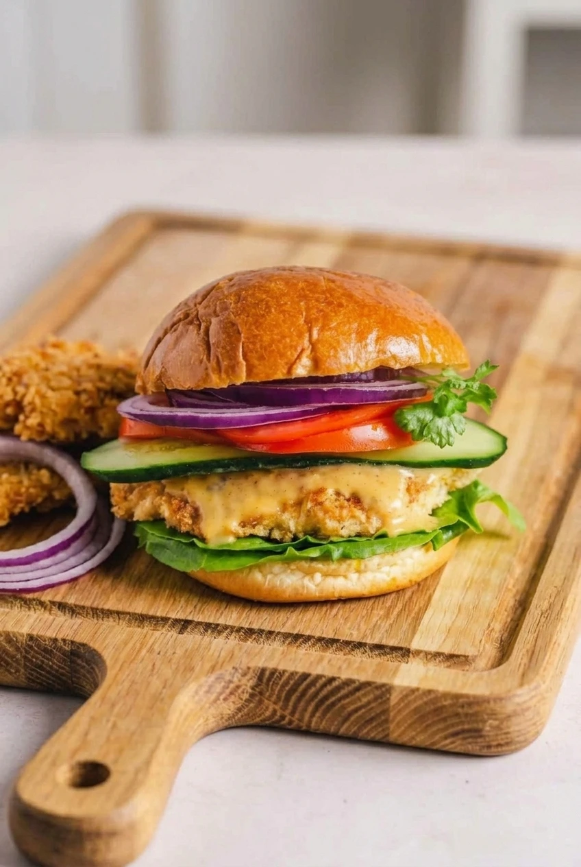 Whole crispy chicken sandwich on a wooden board, with its brioche bun and layered fillings visible