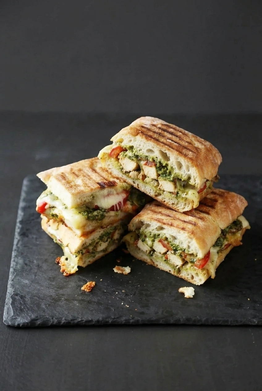 A wider view of stacked chicken pesto panini halves on a dark slate board, with the full serving visible.