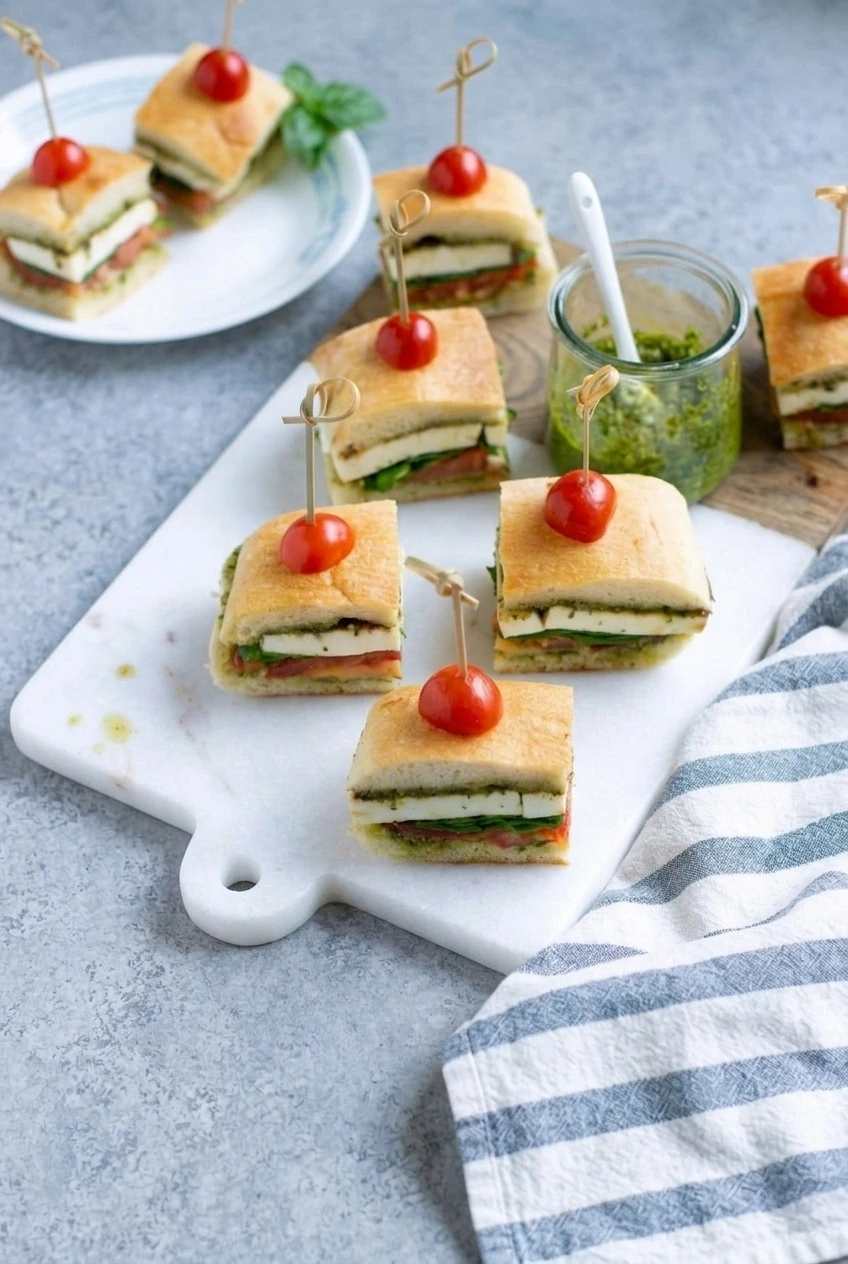A full serving of Caprese focaccia bites with cherry tomato picks on a pale platter