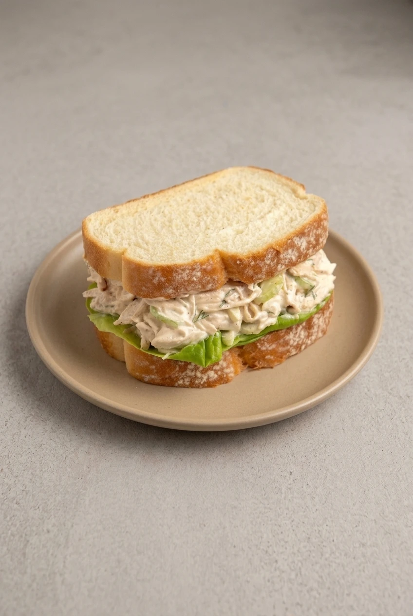 Whole chicken salad sandwich on a plate, with rustic bread, lettuce, and generous filling