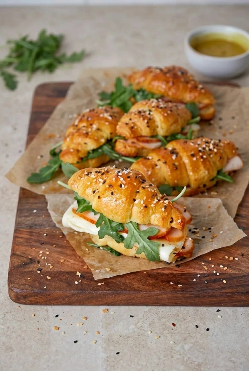 A full serving of seeded turkey croissant sandwiches arranged on a wooden board with space around them