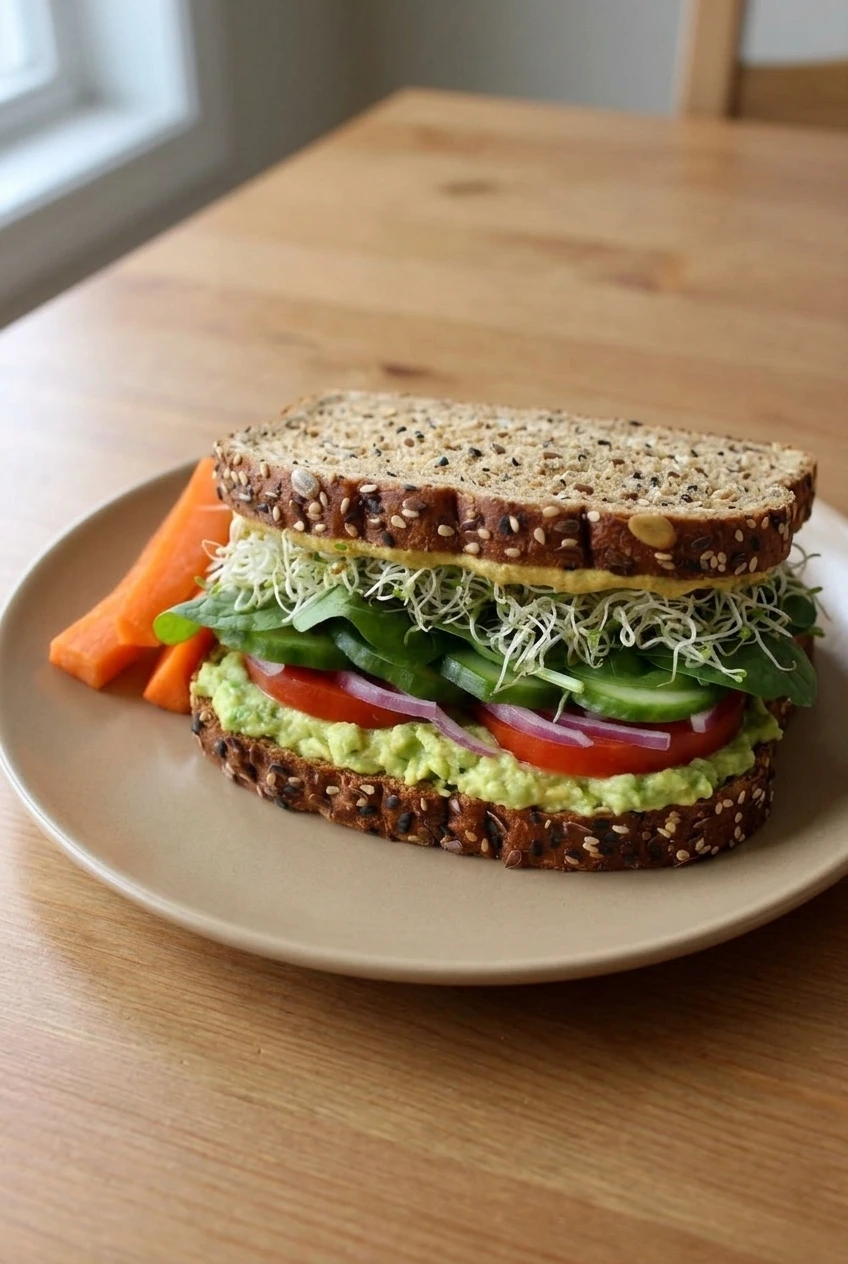 Whole vegetarian avocado sandwich on a plate with carrot sticks, shown with more surrounding table space