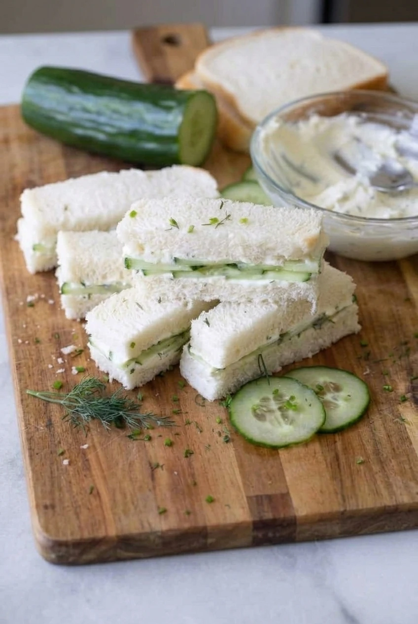 A wider view of crustless cucumber cream cheese sandwich fingers arranged on a wooden board with the full stack visible.