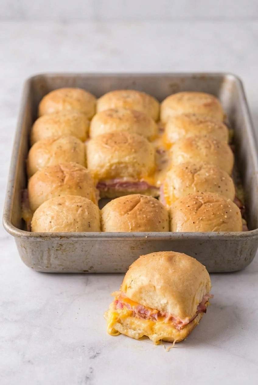 A full pan of golden ham and cheese Hawaiian roll sliders with one slider set in front to show its filling.