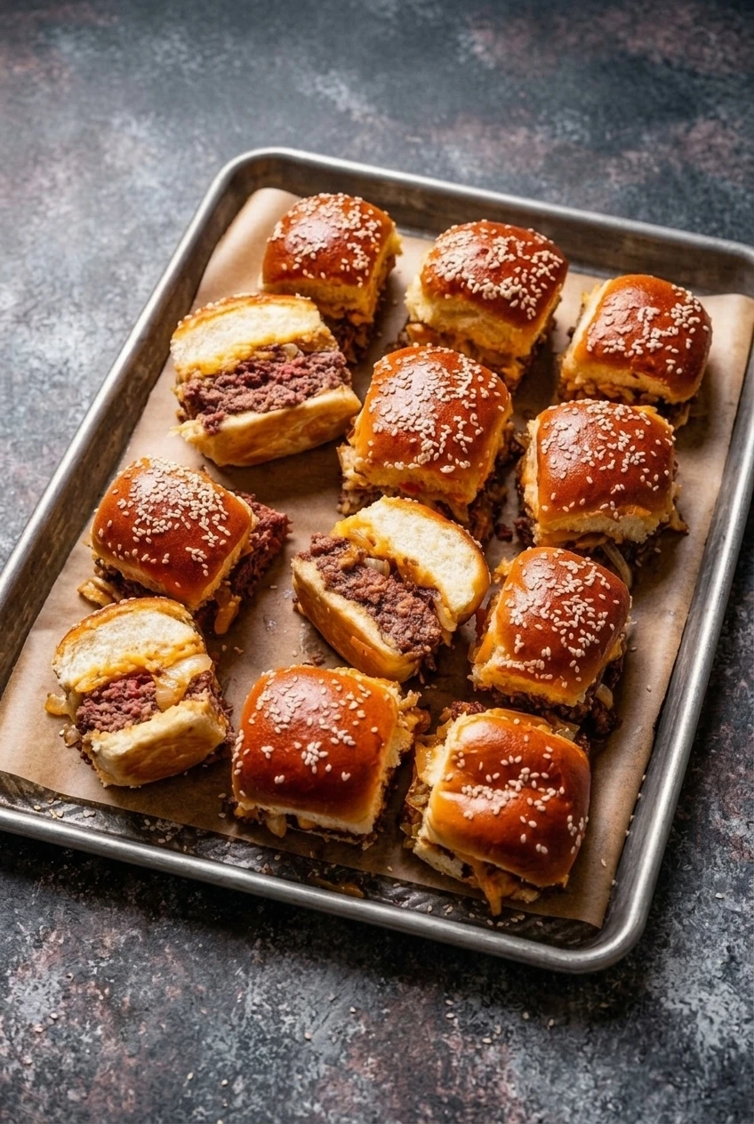 A full tray of cheeseburger sliders on parchment, with sesame tops and several cut-open portions