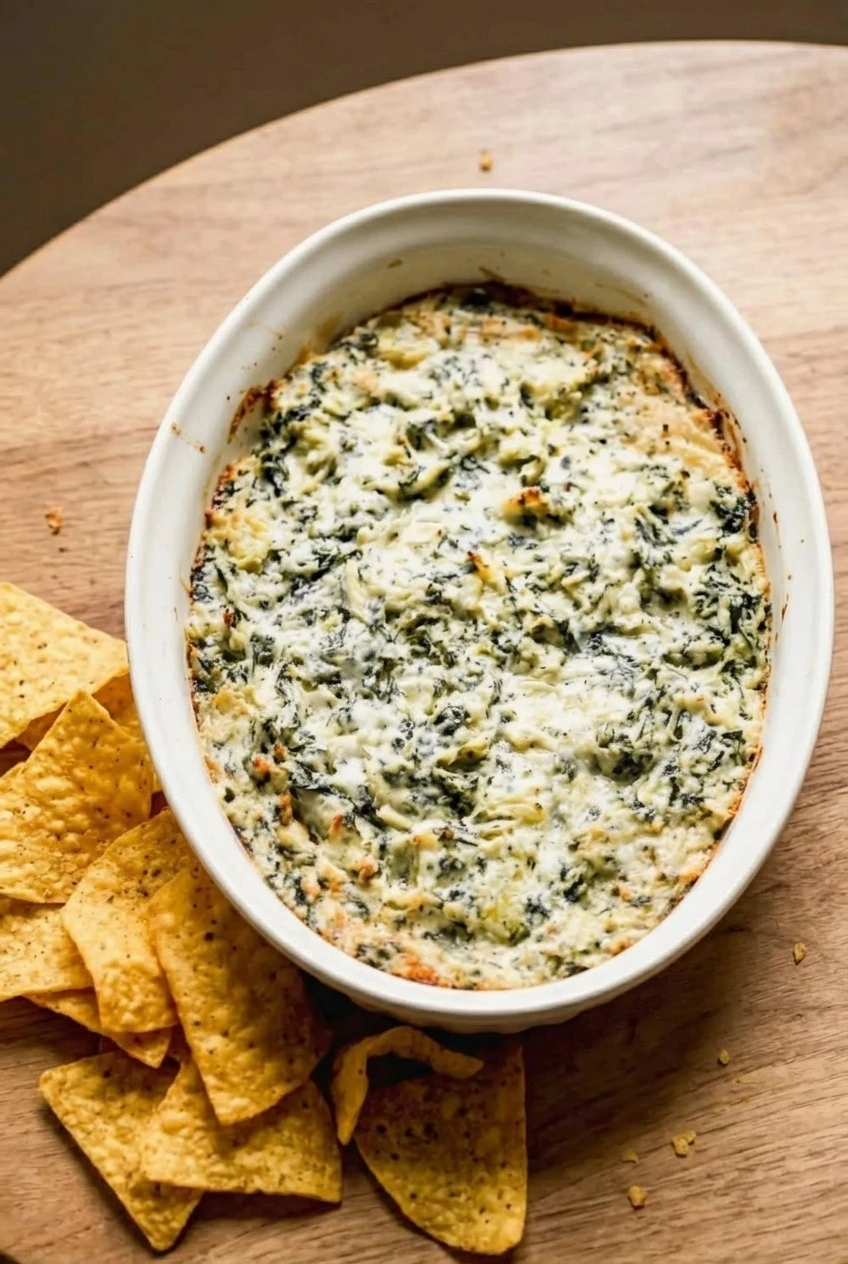 A full oval casserole of hot spinach artichoke dip with tortilla chips on the surrounding tabletop.