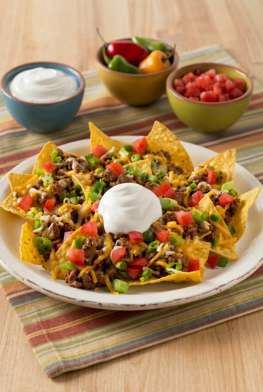 A full platter of loaded beef nachos centered on a striped placemat with more tabletop visible