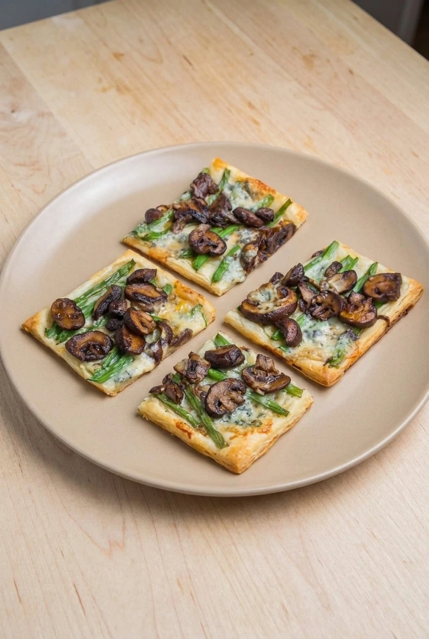 Four square green bean and mushroom puff pastry tarts arranged on a platter with the full serving visible.