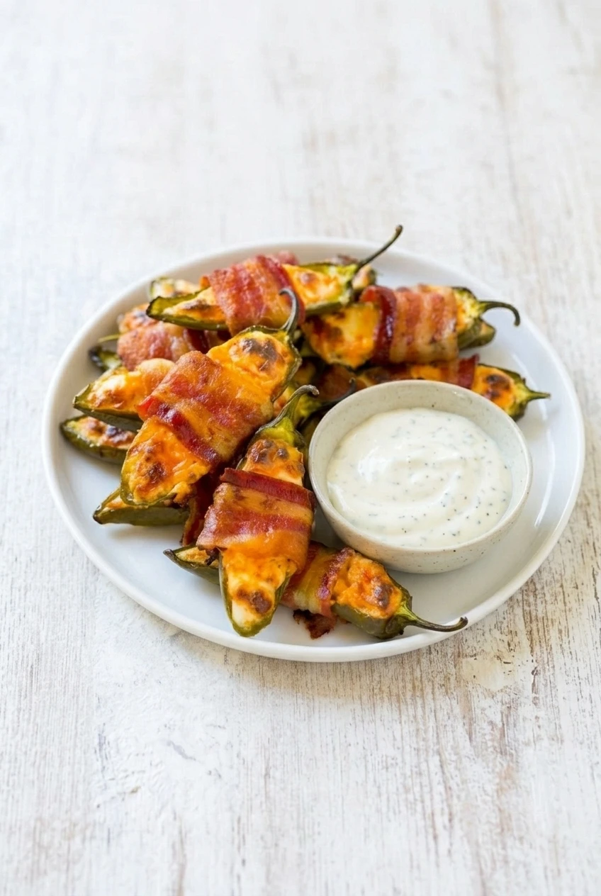 A full plate of bacon-wrapped jalapeño poppers with a small bowl of ranch dip on a light tabletop.
