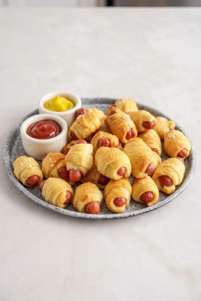 A full platter of crescent-dough pigs in a blanket with mustard and ketchup nearby