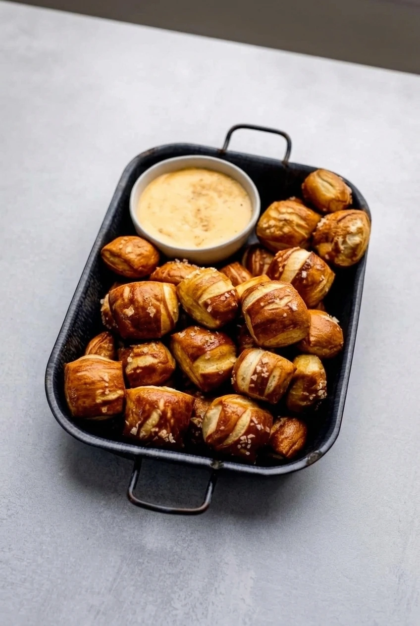 A full tray of soft pretzel bites and cheddar dip centered on a light neutral surface.