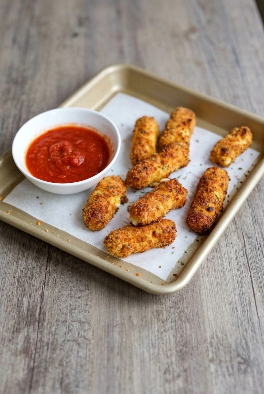 A wider view of golden air fryer mozzarella sticks and marinara on a parchment-lined serving tray.